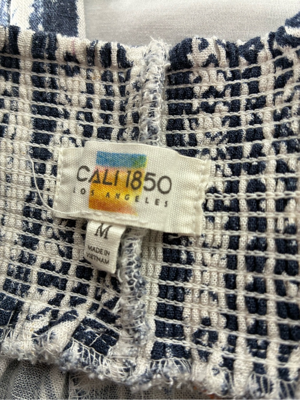 Blue White Linen Blend Boho Palazzo Pants Smocked Waist Medium Beach CALI1850 - Picture 3 of 6